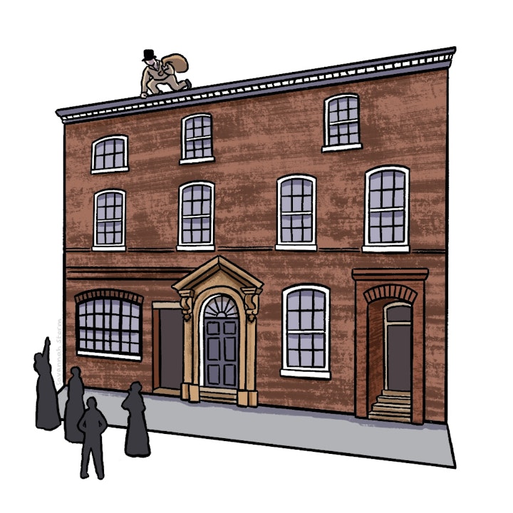 Jane Ewbank York Trail - Illustration of a burglar on the roof of the Ewbank family's house in York, an example of Georgian architecture.