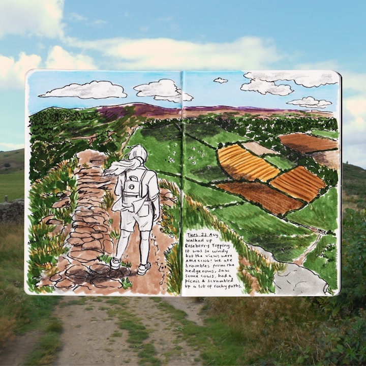 Sketchbooks - A sketchbook page of a hike up Roseberry Topping in North Yorkshire, illustrated using ink and marker pens.