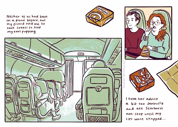 Travel Journal - A page from an illustrated travel journal, showing two people travelling on a plane, eating sweets, and an interior view of the plane.