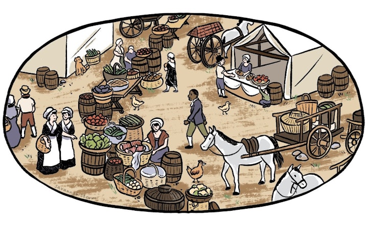 Jane Ewbank York Trail - Illustration of a York market scene in the Georgian era, where maids would come to buy produce.