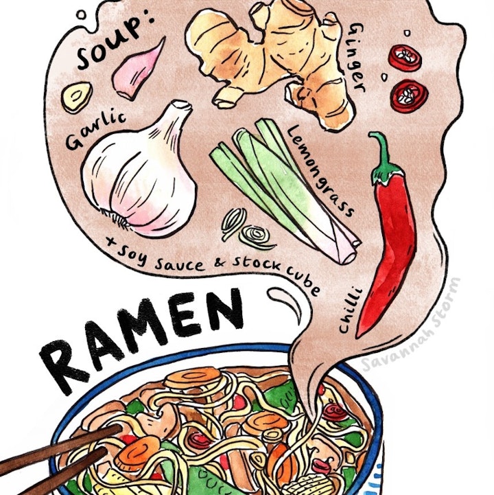 Veggie Recipes Zine - An illustrated recipe for Ramen, showing how to make the spicy soup broth using garlic, ginger and chilli.