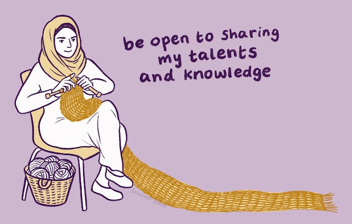 A Space to Be - Illustration of a lady knitting a long scarf, engaging with the community space at A Space to Be.