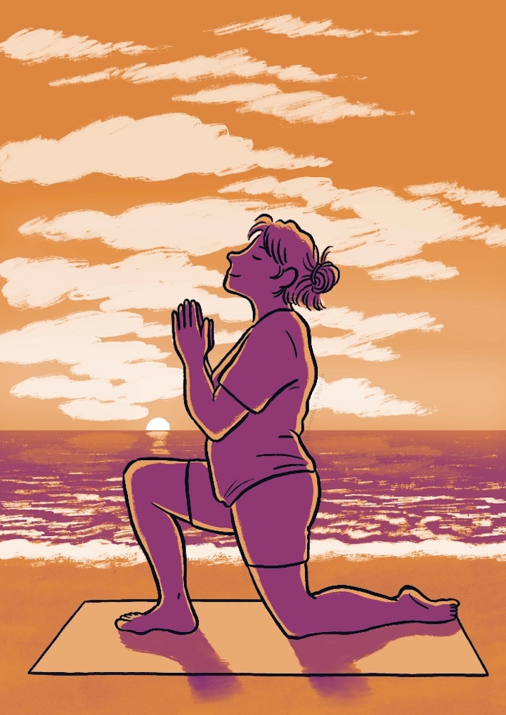 Yoga by the Sea - Illustration of a person doing yoga by the sea, yoga mat on the sand with the orange and pink sunrise behind them.