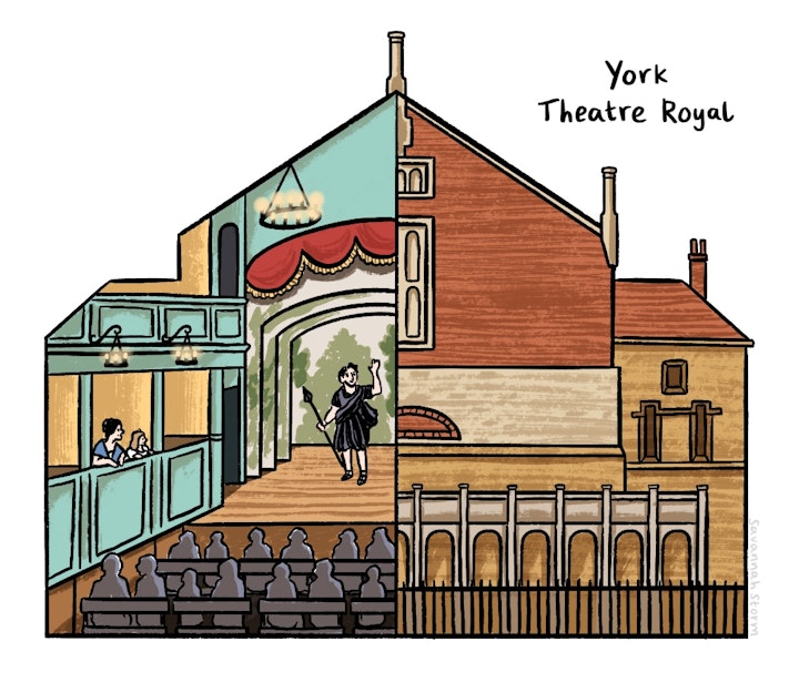 Jane Ewbank York Trail - Illustration of Elizabeth and Jane Ewbank watching a play at York Theatre Royal, an example of Georgian architecture.