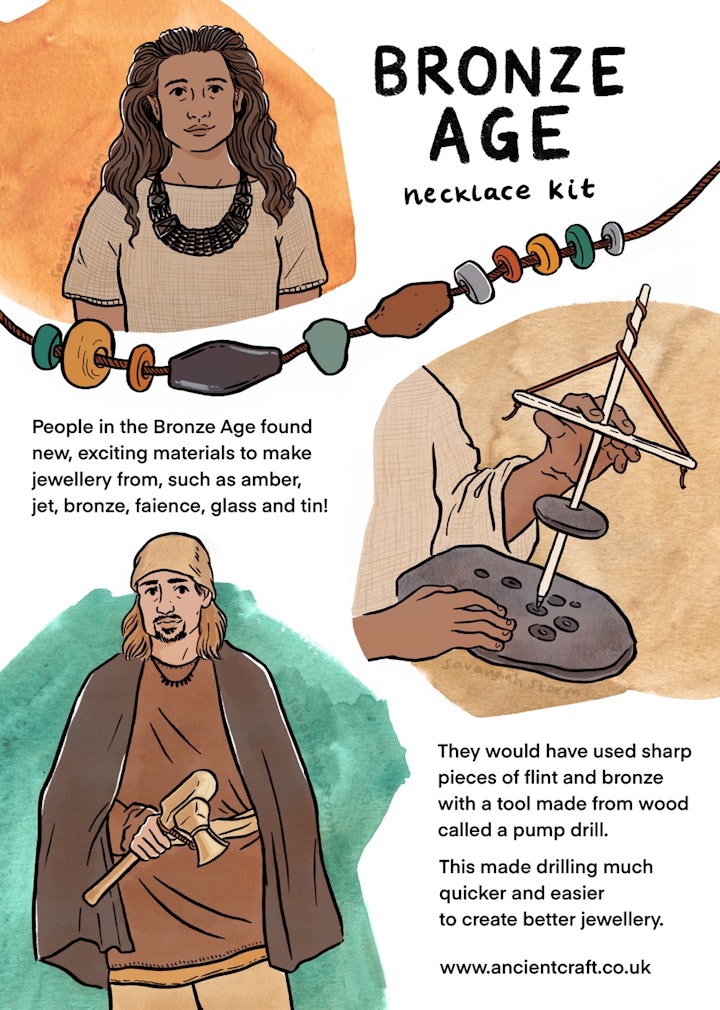 Ancient Craft - Spot illustrations for a Bronze Age jewellery making kit, showing people making jewellery from amber, jet, glass and tin.