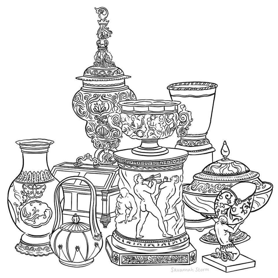 Beckford's Tower Colouring Book - Beckford's Treasures - An illustrated collection of antiques, vases and pottery, statues, figurines and ornately decorated boxes, a line drawing to colour in.
