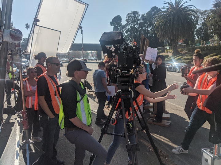 Owning that median with (l to r) best boy grip Cain Czopek, costume designer Deirdre Scully, producer Jerremy Stewart, DP Sherri Kauk, first AC Kiersten Lane, and second AC Annie Lee.   Super proud of our all-female camera department!!