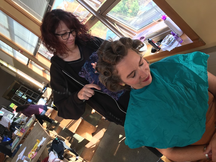 The hair department gives actor Renee Penegor (Stacey) a 'do!