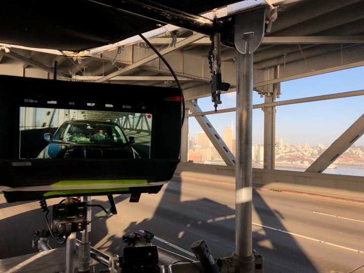 The view of the monitor with actor Ahku as Nate, crossing the Bay Bridge in our picture car.