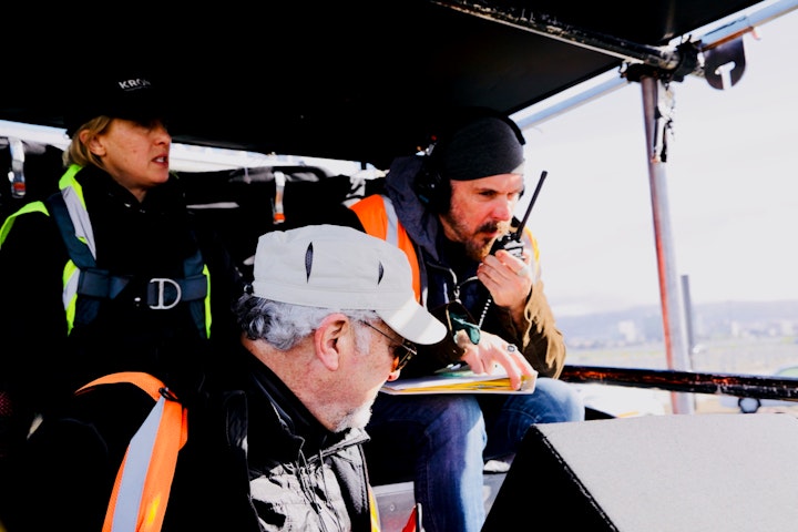 Directing the actors via walkie talkie while looking in the monitor with script supervisor Judith Sealey and cinematographer Steve Condiotti, as we cross the Bay Bridge.