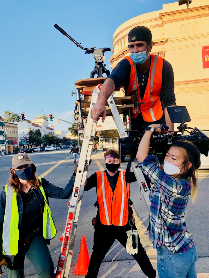 Awesome crew!  Grip Mila Puccini, swing Ryan Baker, gaffer Oskar Ness, and 2nd camera assistant Annie Li.
