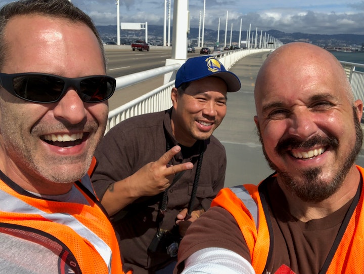 With producer Jerremy Stewart and swing Dave Mong on the pedestrian path of the Bay Bridge.