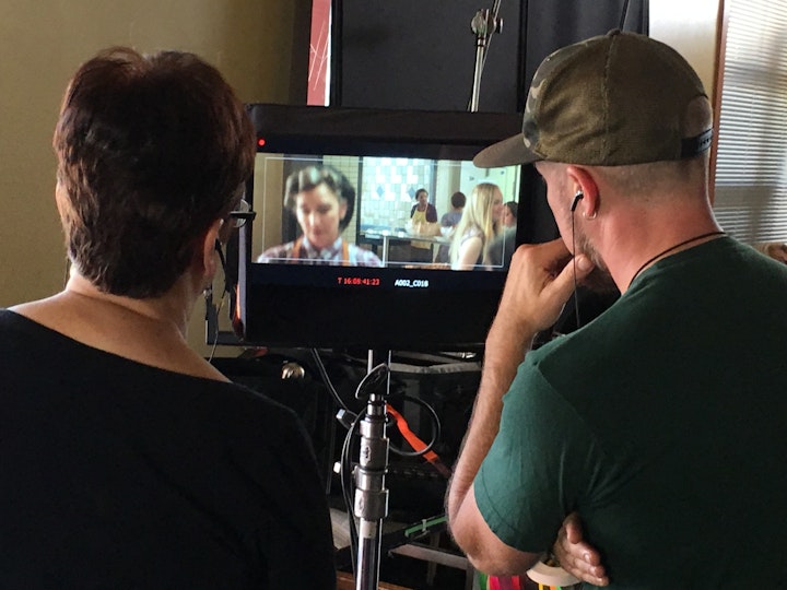 With script supervisor Virgina McCarthy (so wonderfully meticulous) watching a take.