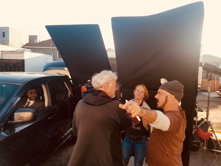 Shooting some tight coverage, close ups at DTC in Berkeley with cinematographer Steve Condiotti and first assistant camera Kiersten Lane with actor Ahku in the stationery picture vehicle.