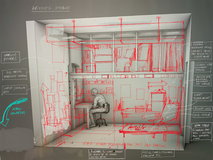 dressing plan for artists space , model and drawing by jonathan Houlding