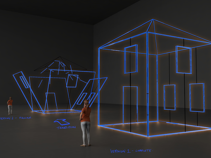 illustration of first iteration of artists light installation, showing the house complete and exploded. by Jonathan Houlding