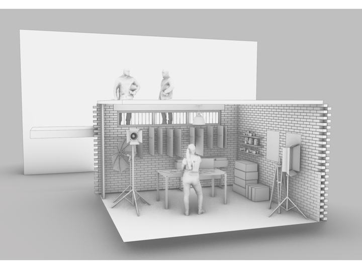 initial set design for the photographers studio, later replaced by a build on location.