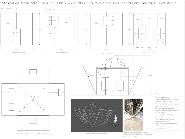 tech drawing of first iteration of artists light installation, by Jonathan Houlding