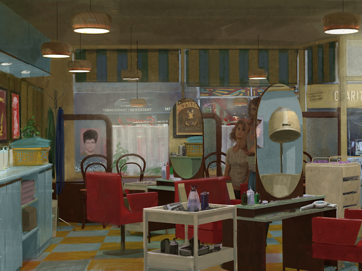 'Interior Scissors and Comb  hair salon' - illustration by Jonathan Houlding