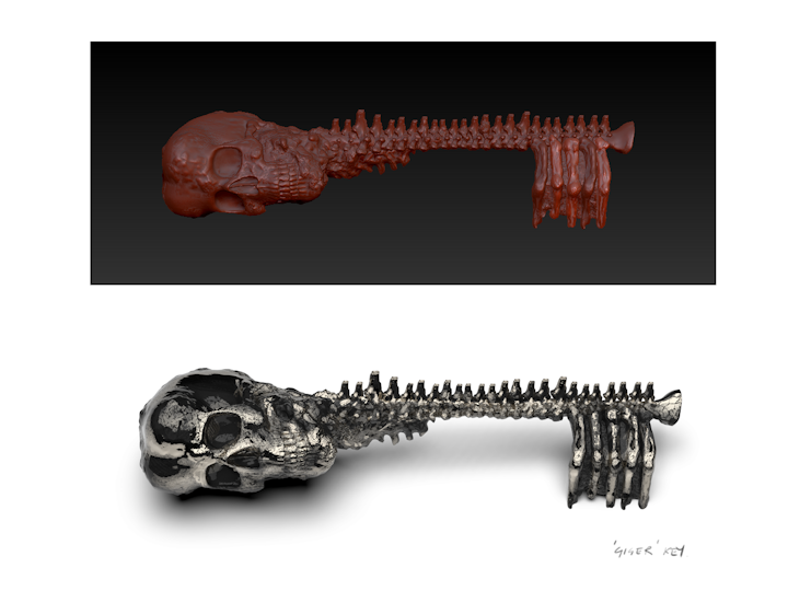 Giger influenced key, model (above) and illustration (below) by Jonathan Houlding. This was finally made in wax for an in camera sfx to show a key growing from liquid.