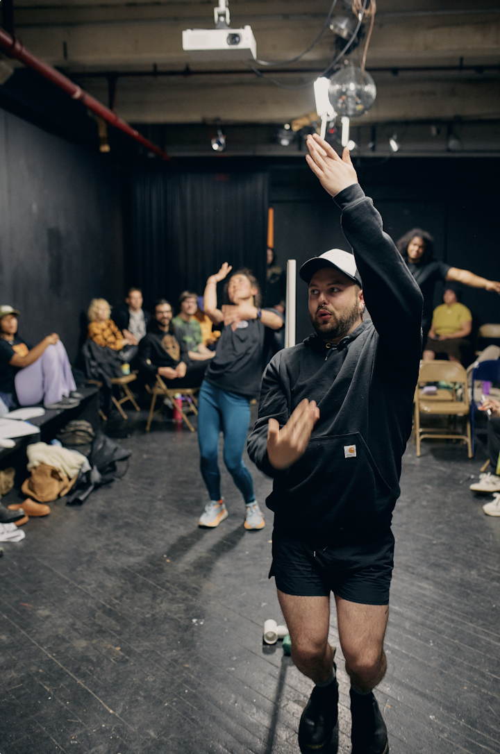 NEXT STOP - Martine, Tess and Jian in character as the dancers on the train. Rehearsals were held every Wednesday evening at Vox Populi from February to April.