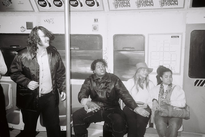 NEXT STOP - Final dress rehearsal madness. From left: Sam as Cop 1, Jian as Guy With Food, Allyssa as Bess and Carissa as Tina.