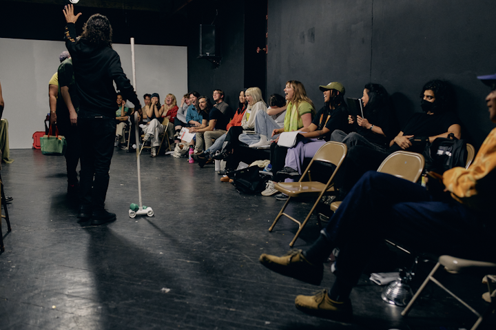 NEXT STOP - The cast and some crew laughing as Evan and Ben run through their scene as Sam and David. Rehearsals were held every Wednesday evening at Vox Populi from February to April.
