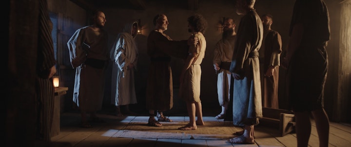 group christian disciples stand in wonder at miracle moonlight and warmlight ancient palestine israel
