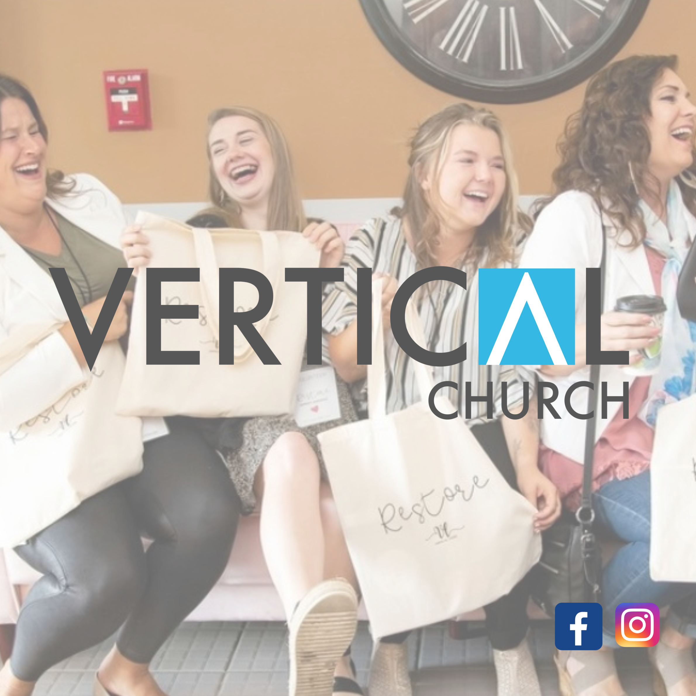 Vertical Church Logo with laughing women sitting on a couch together