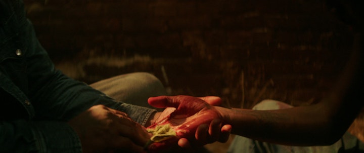 Final shot. Dried blood tracked to hand with wipe reveal of clean hands.