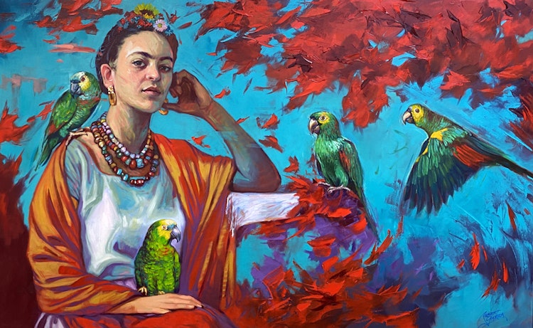 Frida-Kahlo-&-The-Parrot-Island-Oil-on-Canvas-SOLD
