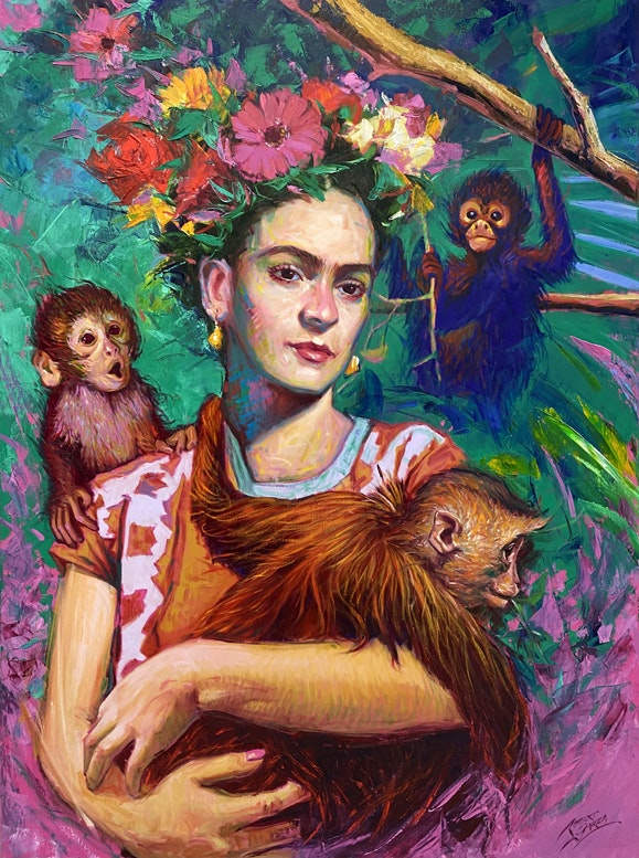 Frida with Monkeys Oil on Canvas 50.5x38.5 Framed $3,200