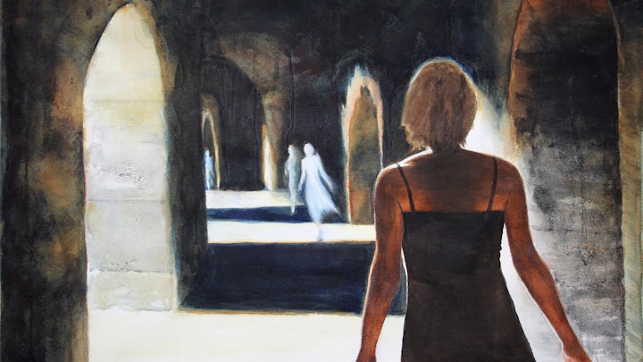 Where Ever You Go #1, watercolor 22x30"

This is from my memory of a visit to Arles 15 years ago, when the town was totally empty of visitors. My niece and I wandered thru the Roman Arena and the light pouring thru the arches was so blinding in that pitch dark space, it was dizzying and disorienting. We saw only 2-3 others in there during our entire visit... from afar they felt like spirits from the past. In fact due to the effect of the extreme light/darkness on our eyes, everything felt quite magical, and ghostly as well. I don't actually 'believe' in spirits from the past, but I welcome those feelings if they happen. And it happened that day.
When I recently came across the series of photos I'd taken there, I decided to combine various images with my own memory to create a painting about the possibility of meeting up with a past self.
