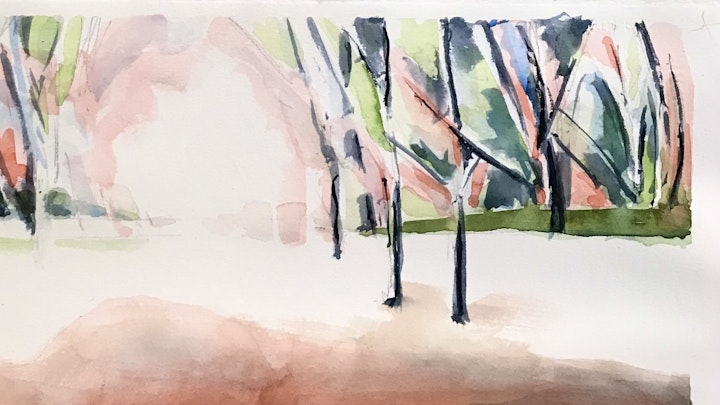 Trees in Park - rose, watercolor 7x15"