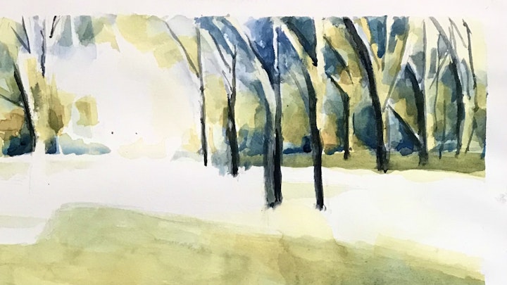 Trees in Park - green, watercolor 7x15"