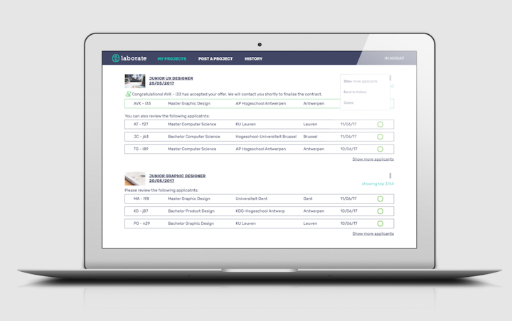 Employer workflow: review applicants profiles, their skills, and personality type