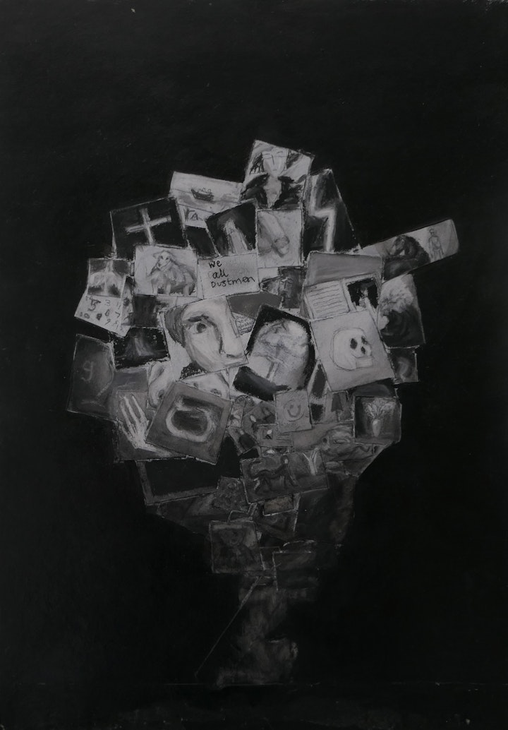 Monochrome collapsing reality study
2023
Grey board , gesso , cartridge paper ,willow charcoal , compressed charcoal , ink, acrylic
42x 29.5 cm