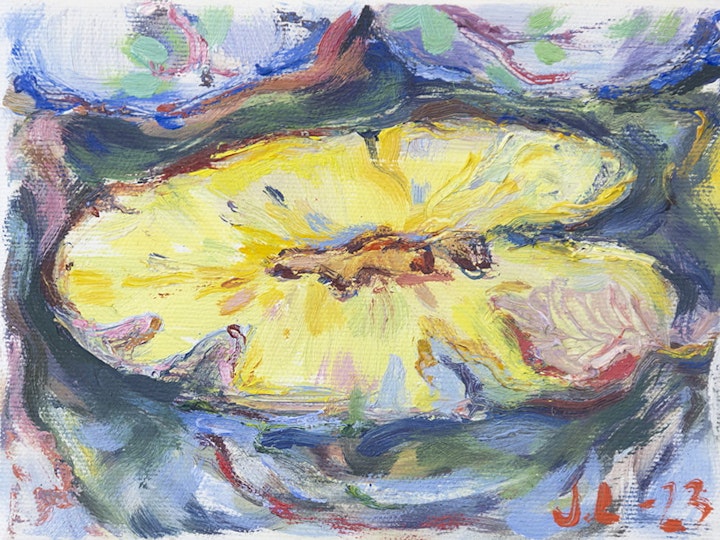 Pieni keltainen II, 5x8 cm, Öljy ja akryyli kankaalle, 2023, Private Collection