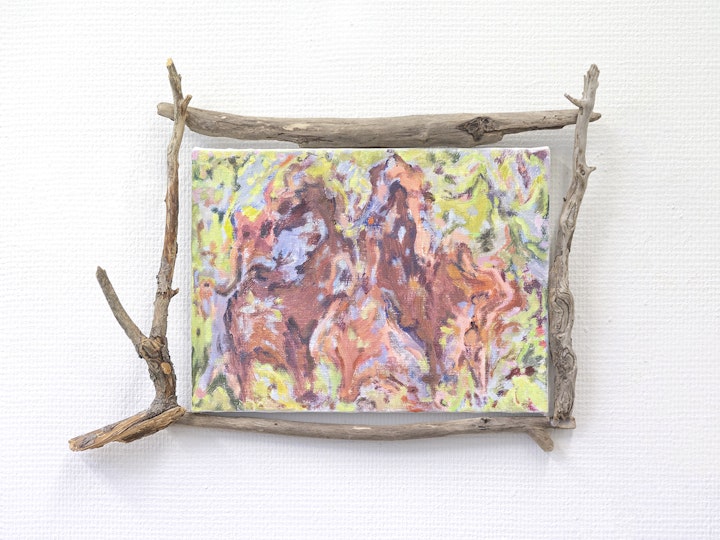 'Suojapaikka' / 'A Safe Place' , 22x35 cm,  Oil on linen with wooden frames, 2024, Available