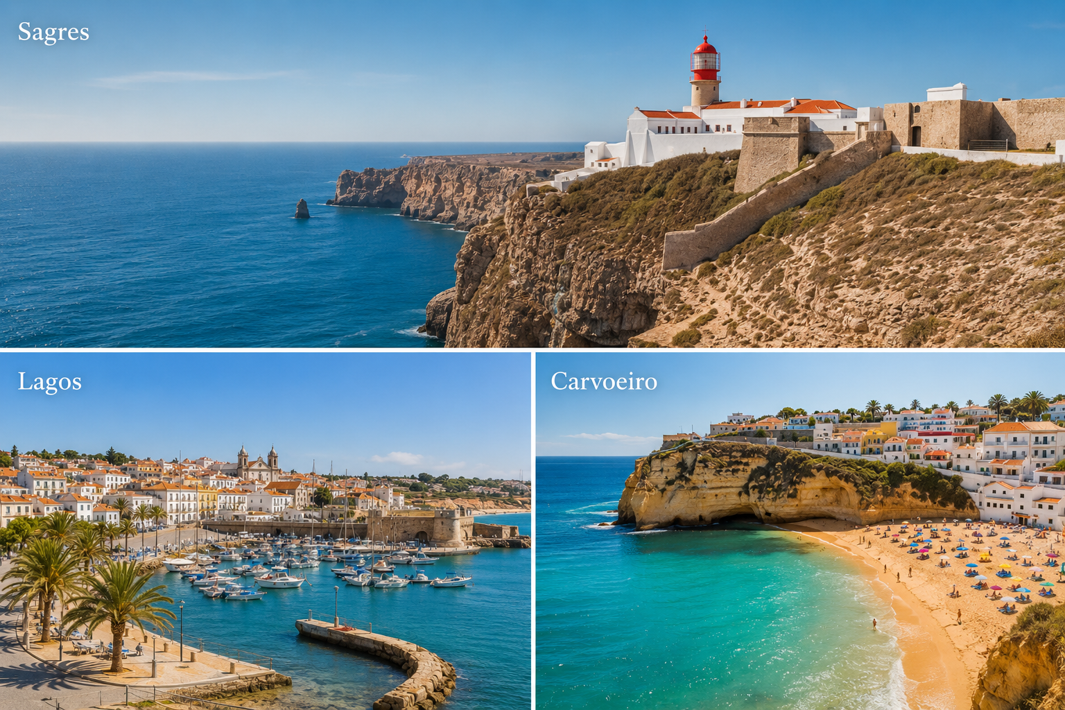 Locations of Sagres, Lagos and Carvoeiro showcasing the Algarve’s dramatic cliffs, historic harbour and golden beaches.