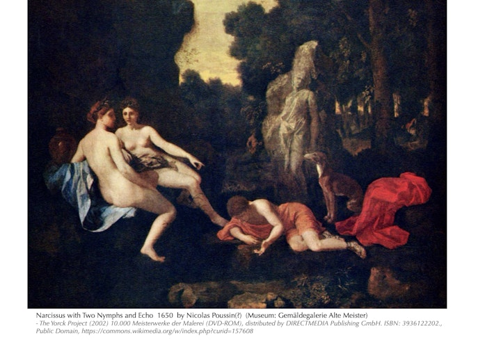 Narcissus Poeticus - Narcissus with Two Nymphs and Echo 1650 attributed to Nicolas Poussin (or school of.)