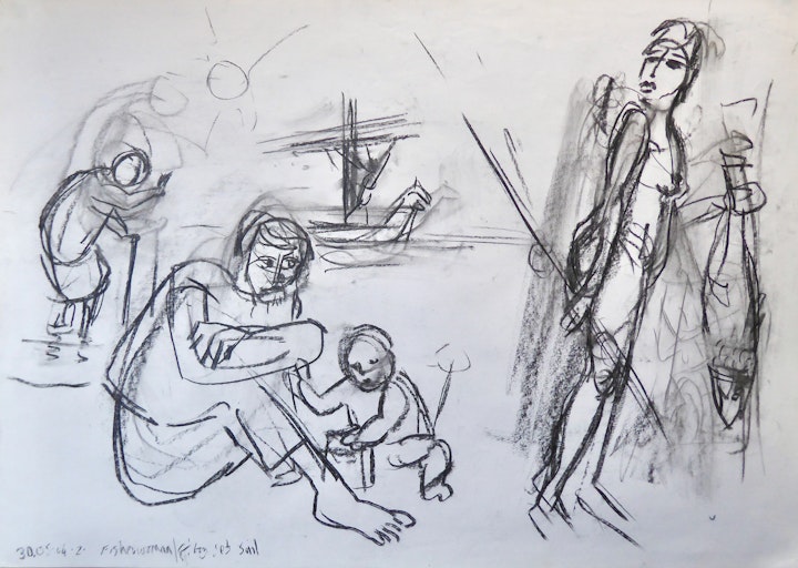 FISHER-WOMAN'S FAMILY WITH BOY SETTING SAIL charcoal 33" x 23"