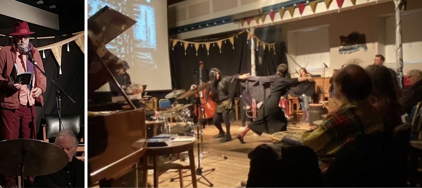 Two photos, one of man in red hat and pink coat & shirt and rd trousers with a microphone and book, and another photo of two dancers in performance with bunting above and pat of a piano to left and audience in front