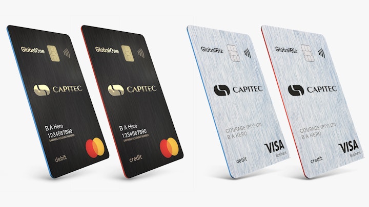 Retail and business bank card suite. Blue core colour is for debit, and red core is for the credit card.