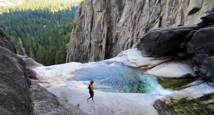 Gary reaching pool at top of Upper Falls - Yosemite Valley, CA - 2011 - (canon IXUS)