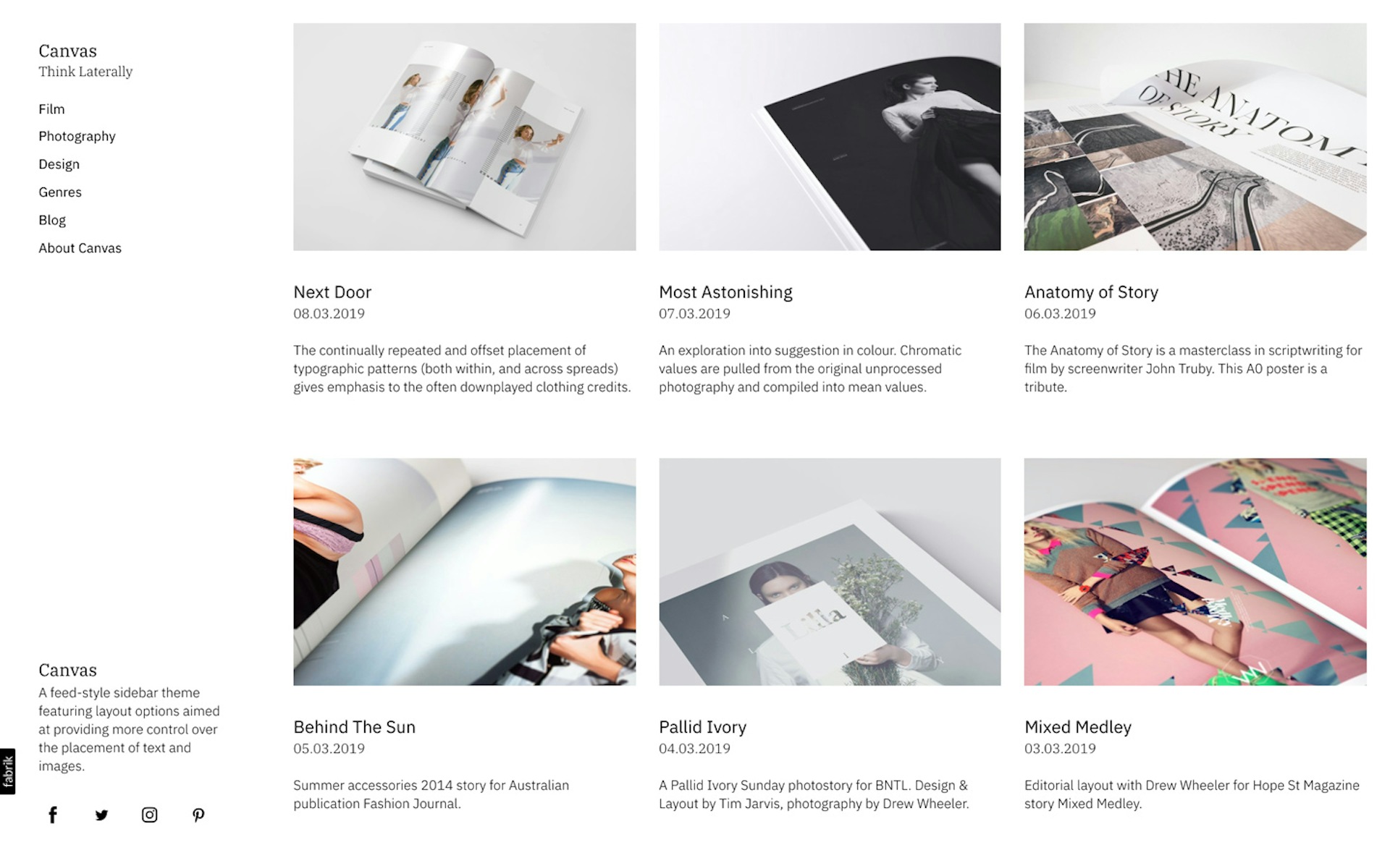Canvas theme for Fabrik portfolio website