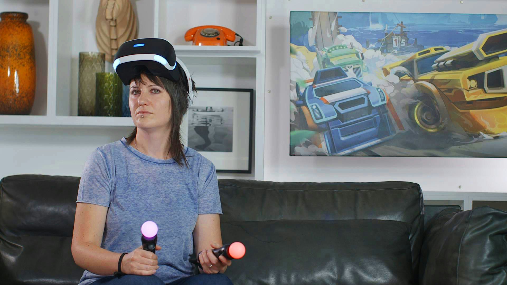 Actor Jodie Fink between takes on Big Egg's Futurlab trailer shoot, wearing Sony Playstation VR headset