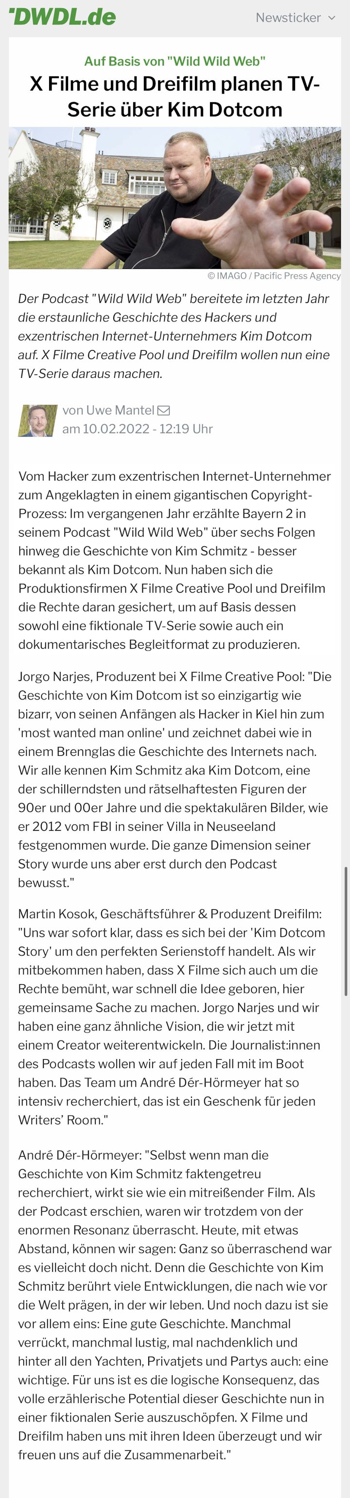 X Filme und DREIFILM planen Serie über Kim Dotcom