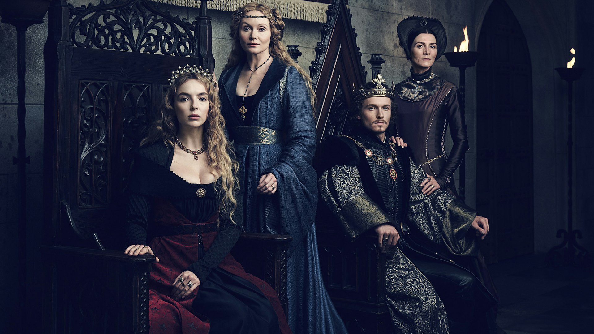 2 _ Jodie Comer (Elizabeth of York), Essie Davis (Dowager Queen Elizabeth), Jacob Collins-Levy (King Henry VII), Michelle Fairley (Lady Margaret Beaufort) copy