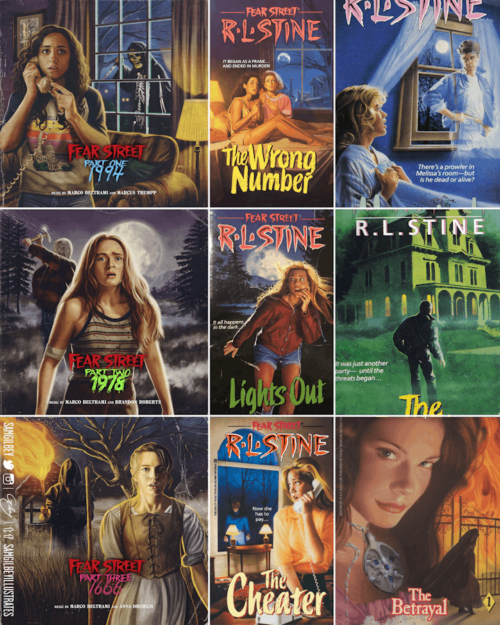 Fear Street (Waxwork Records) - Gatefold cover art for Netflix's Fear Street Trilogy official soundtrack, with Waxwork Records, paying homage to Bill Schmidt's covers for R.L. Stine's Fear Street novels (examples shown)